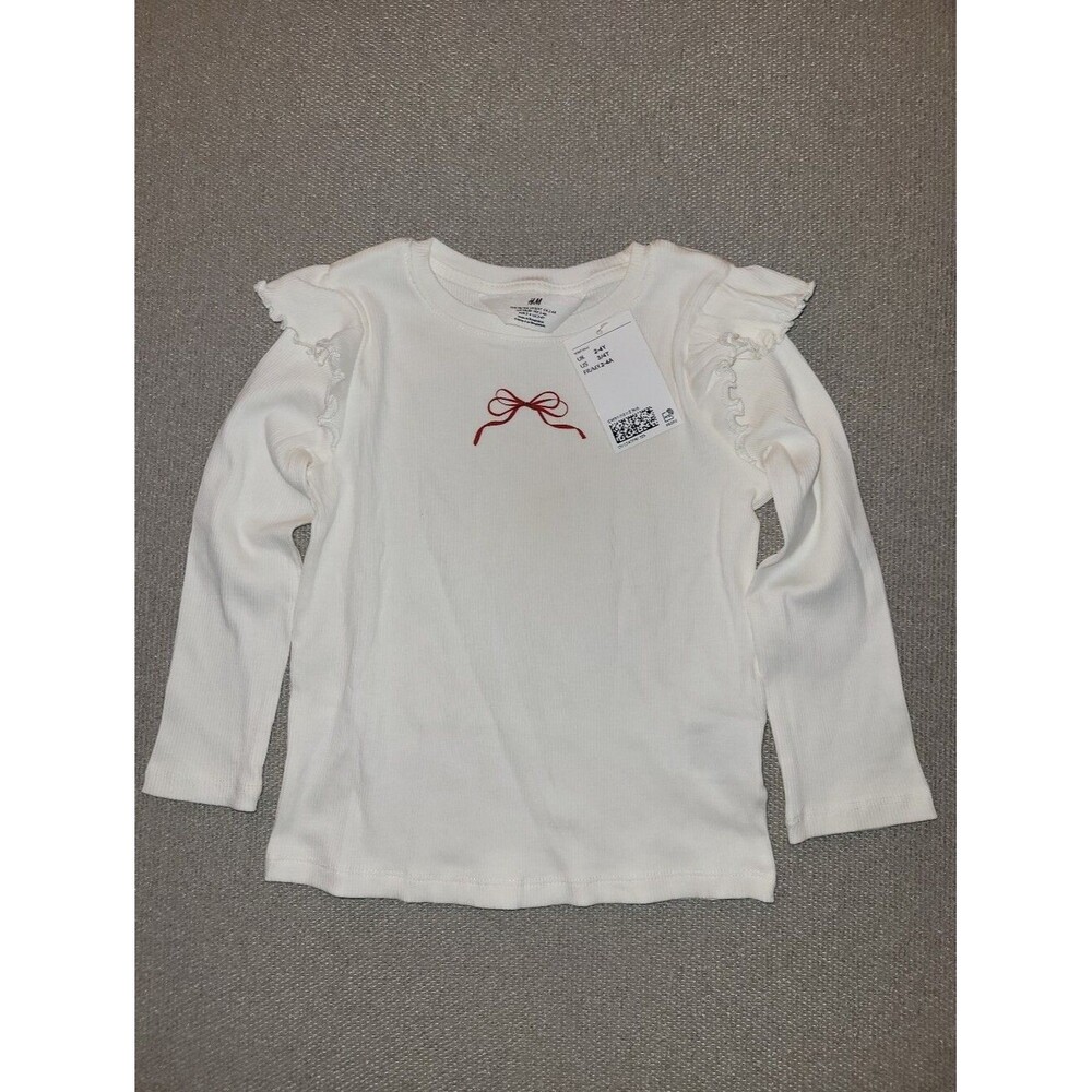 H&M Size 3/4t White Long-Sleeve Top with Red Bow Design NWT